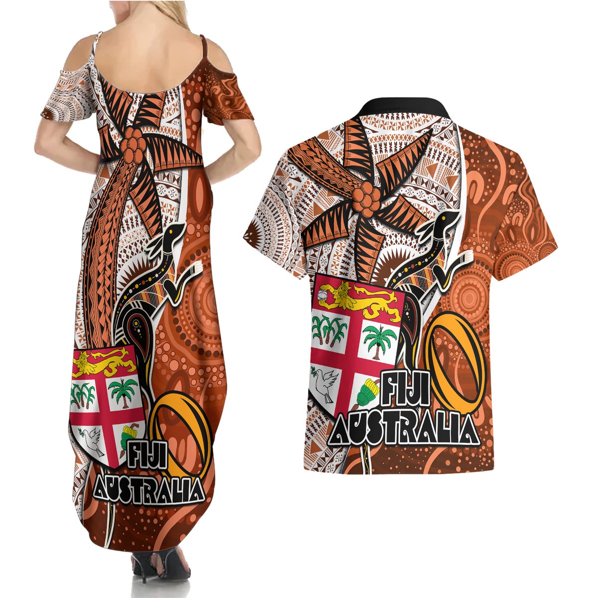 fiji-australia-rugby-couples-matching-summer-maxi-dress-and-hawaiian-shirt-kangaroo-and-palm-tree-orange-tapa-pattern-mix-aboriginal