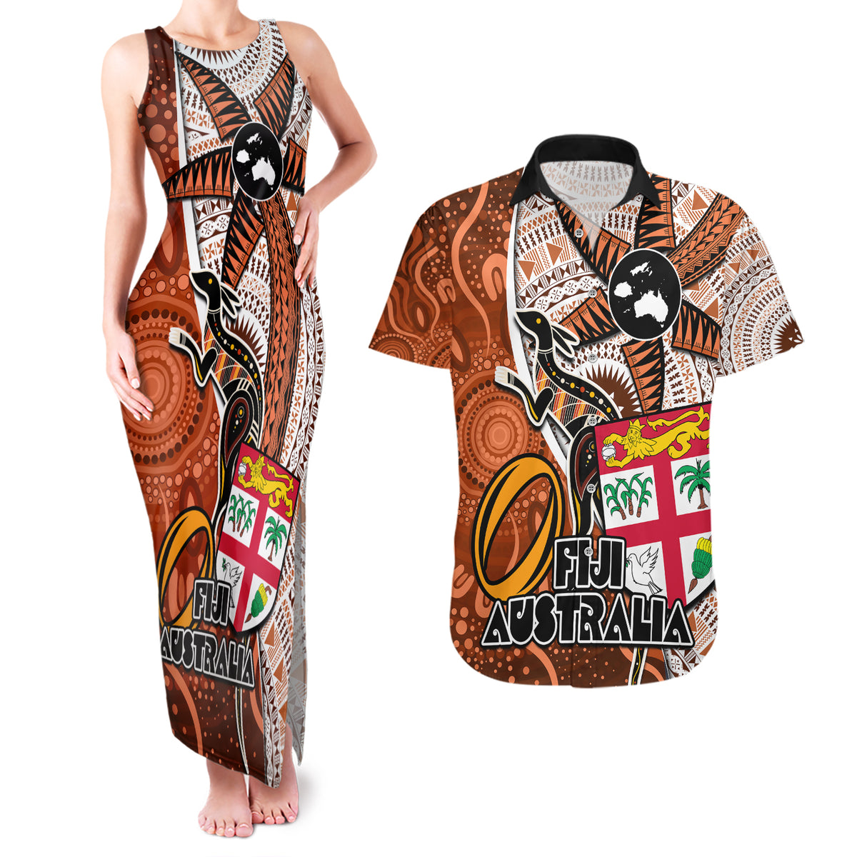 Fiji Australia Rugby Couples Matching Tank Maxi Dress and Hawaiian Shirt Kangaroo and Palm Tree Orange Tapa Pattern Mix Aboriginal LT03 Orange - Polynesian Pride
