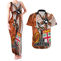 Fiji Australia Rugby Couples Matching Tank Maxi Dress and Hawaiian Shirt Kangaroo and Palm Tree Orange Tapa Pattern Mix Aboriginal LT03 Orange - Polynesian Pride