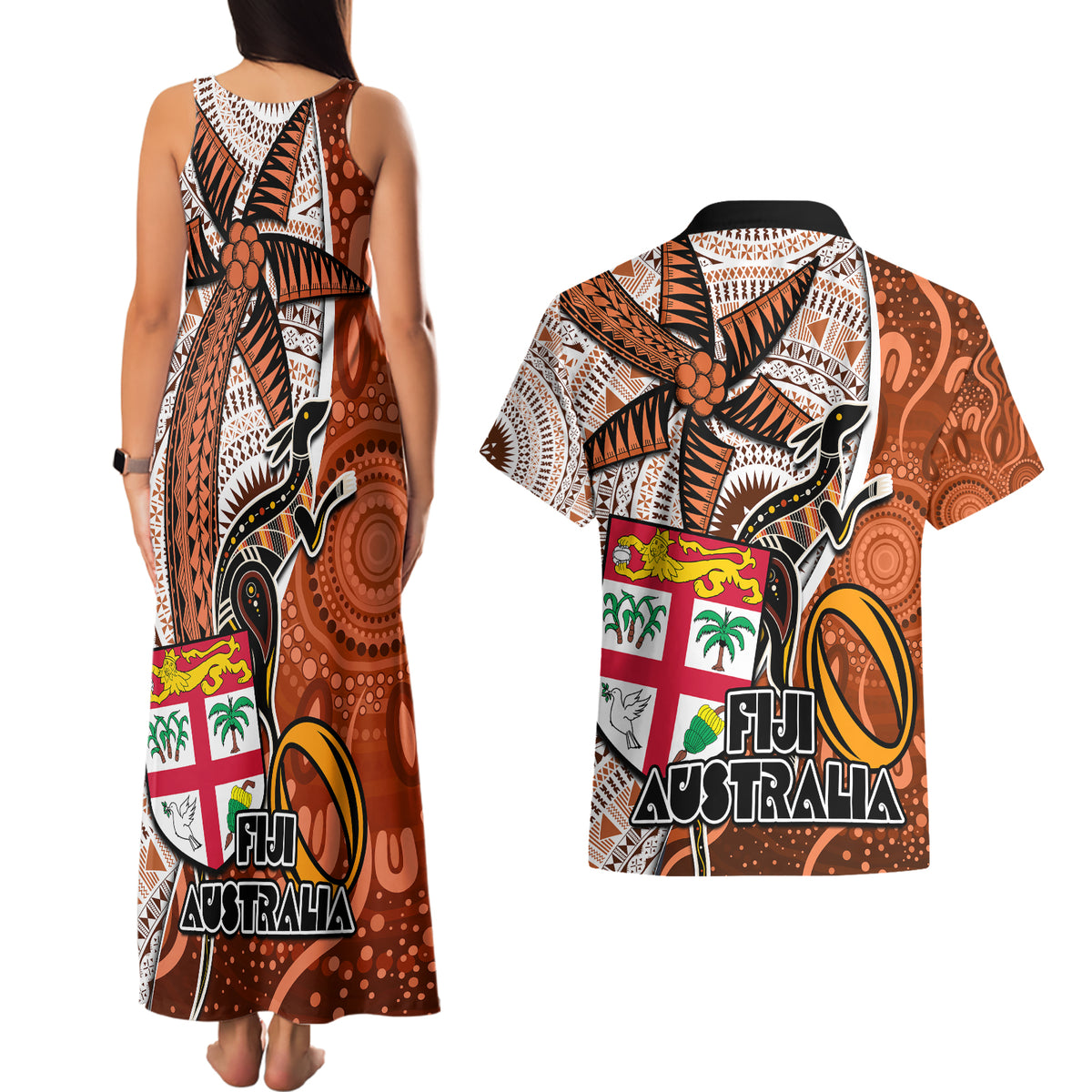 Fiji Australia Rugby Couples Matching Tank Maxi Dress and Hawaiian Shirt Kangaroo and Palm Tree Orange Tapa Pattern Mix Aboriginal LT03 - Polynesian Pride
