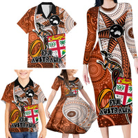 Fiji Australia Rugby Family Matching Long Sleeve Bodycon Dress and Hawaiian Shirt Kangaroo and Palm Tree Orange Tapa Pattern Mix Aboriginal LT03 - Polynesian Pride