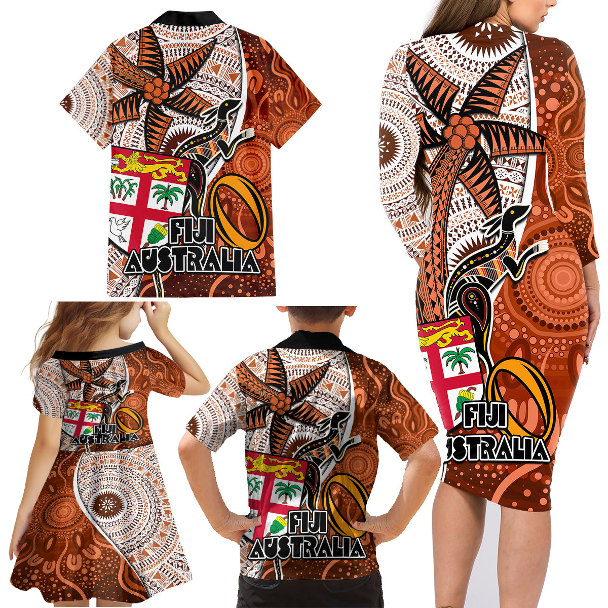 Fiji Australia Rugby Family Matching Long Sleeve Bodycon Dress and Hawaiian Shirt Kangaroo and Palm Tree Orange Tapa Pattern Mix Aboriginal LT03 - Polynesian Pride