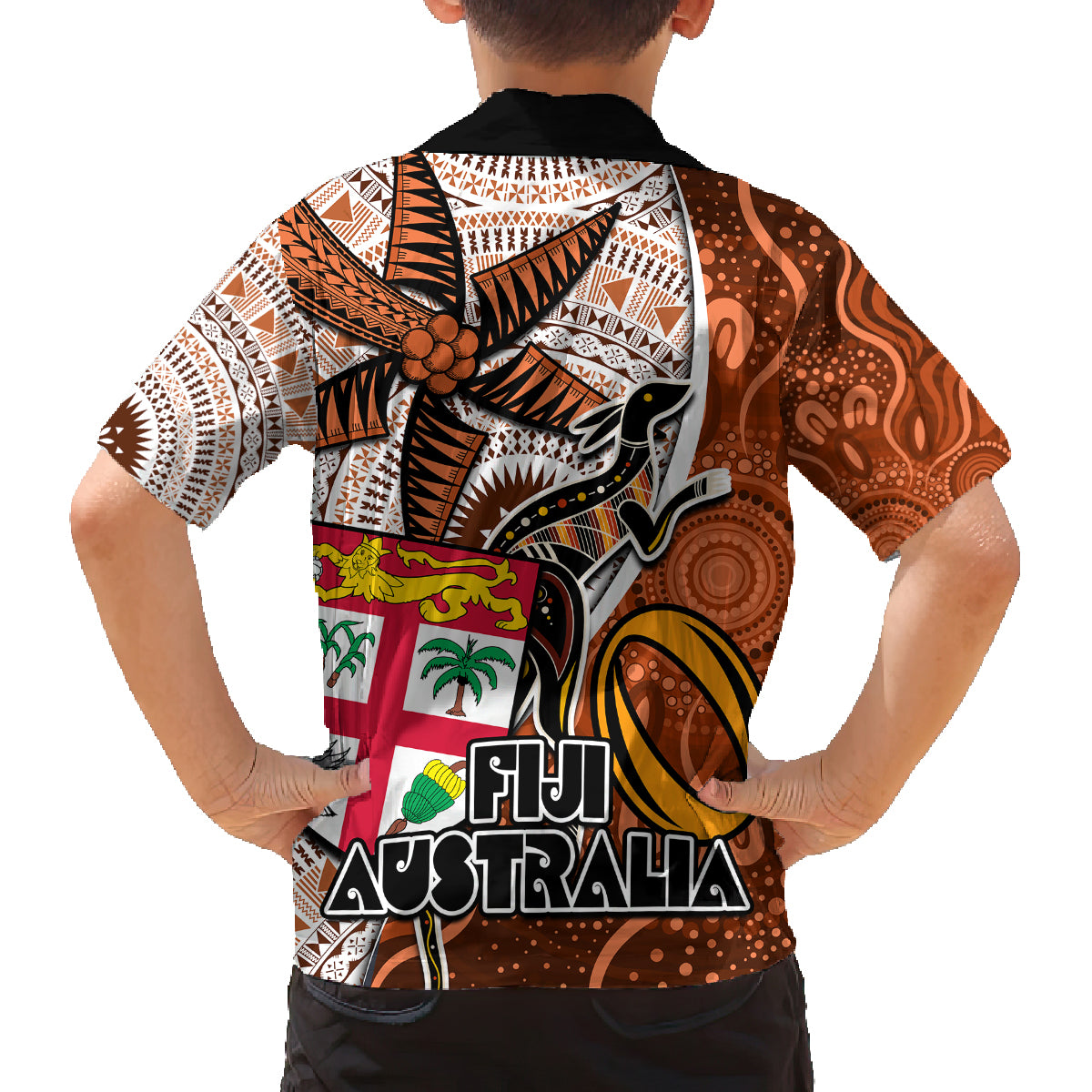 fiji-australia-rugby-family-matching-off-shoulder-maxi-dress-and-hawaiian-shirt-kangaroo-and-palm-tree-orange-tapa-pattern-mix-aboriginal