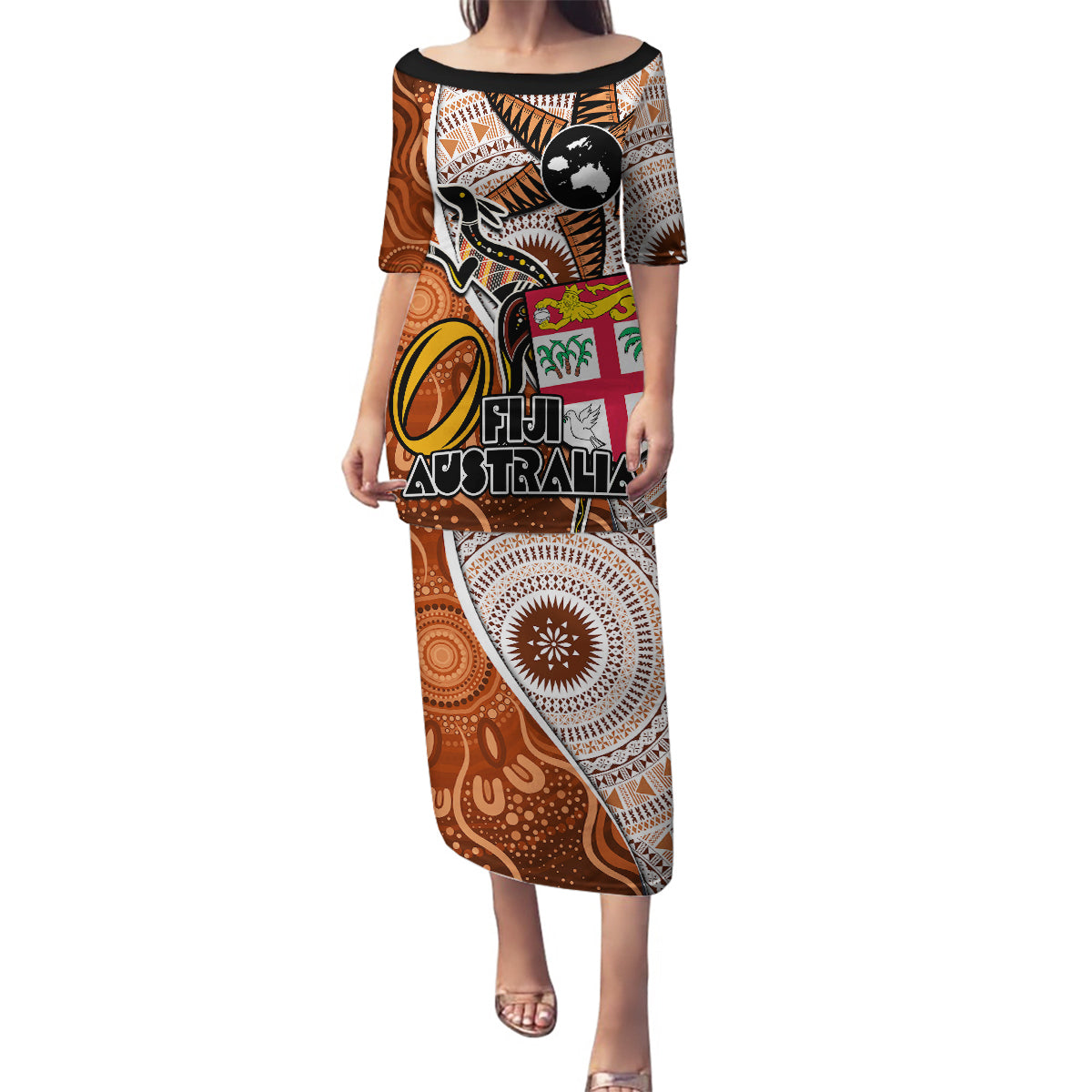 Fiji Australia Rugby Family Matching Puletasi Dress and Hawaiian Shirt Kangaroo and Palm Tree Orange Tapa Pattern Mix Aboriginal LT03 Mom's Dress Orange - Polynesian Pride