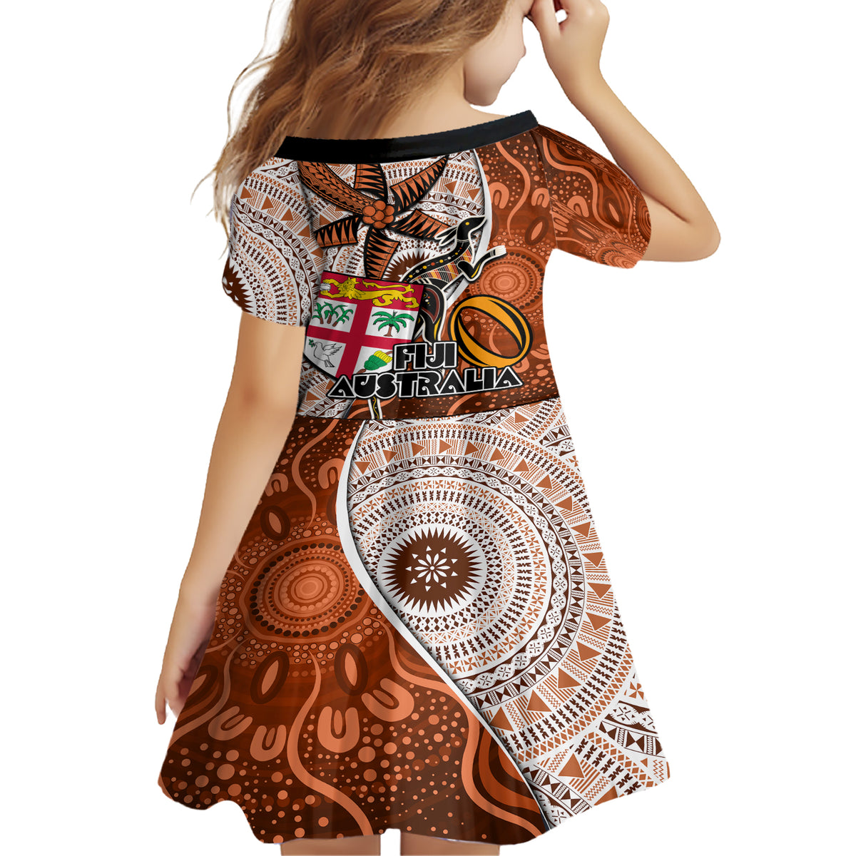 Fiji Australia Rugby Family Matching Short Sleeve Bodycon Dress and Hawaiian Shirt Kangaroo and Palm Tree Orange Tapa Pattern Mix Aboriginal LT03 - Polynesian Pride