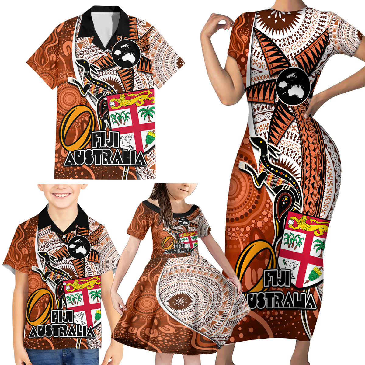 Fiji Australia Rugby Family Matching Short Sleeve Bodycon Dress and Hawaiian Shirt Kangaroo and Palm Tree Orange Tapa Pattern Mix Aboriginal LT03 - Polynesian Pride