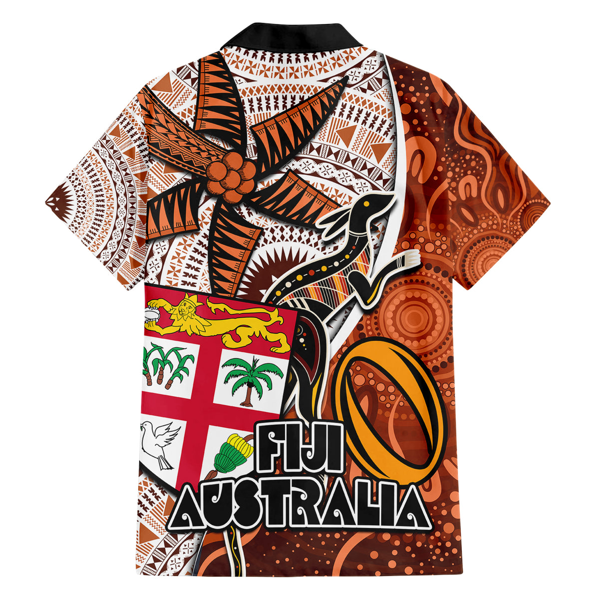 Fiji Australia Rugby Family Matching Short Sleeve Bodycon Dress and Hawaiian Shirt Kangaroo and Palm Tree Orange Tapa Pattern Mix Aboriginal LT03 - Polynesian Pride