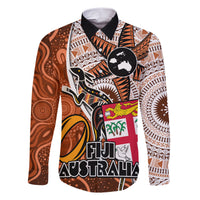 Fiji Australia Rugby Family Matching Short Sleeve Bodycon Dress and Hawaiian Shirt Kangaroo and Palm Tree Orange Tapa Pattern Mix Aboriginal LT03 Dad's Shirt - Long Sleeve Orange - Polynesian Pride