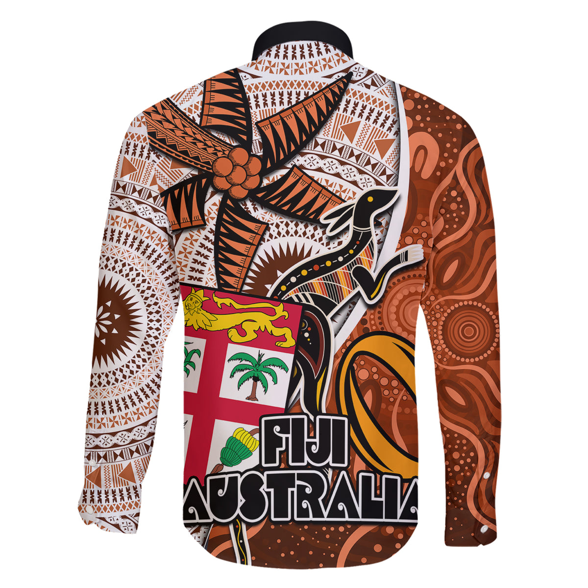Fiji Australia Rugby Family Matching Short Sleeve Bodycon Dress and Hawaiian Shirt Kangaroo and Palm Tree Orange Tapa Pattern Mix Aboriginal LT03 - Polynesian Pride