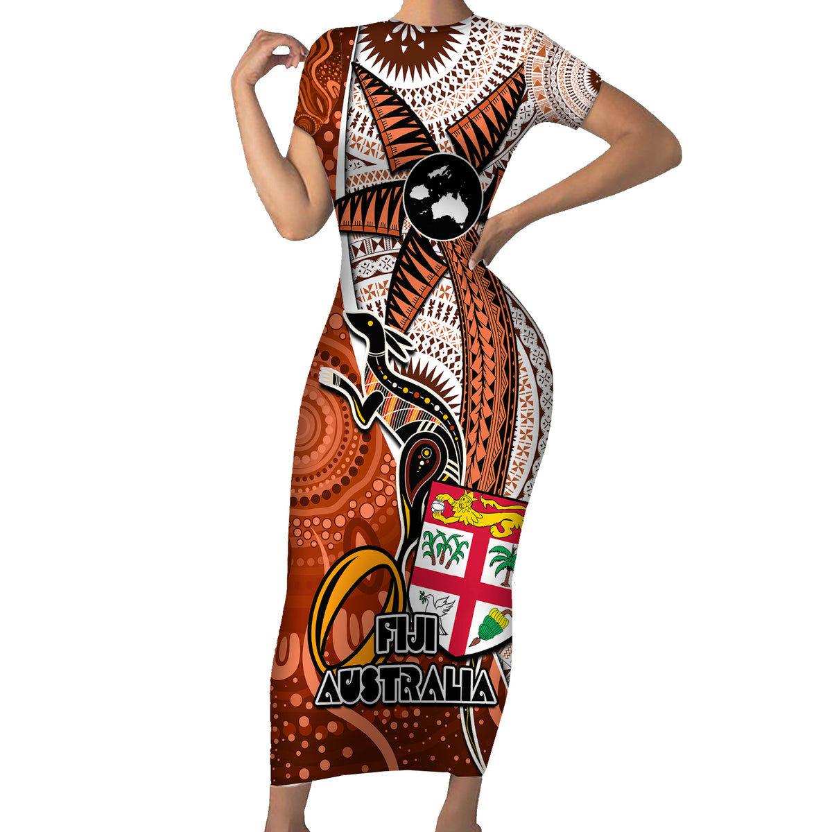 Fiji Australia Rugby Family Matching Short Sleeve Bodycon Dress and Hawaiian Shirt Kangaroo and Palm Tree Orange Tapa Pattern Mix Aboriginal LT03 Mom's Dress Orange - Polynesian Pride