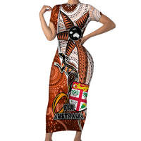 Fiji Australia Rugby Family Matching Short Sleeve Bodycon Dress and Hawaiian Shirt Kangaroo and Palm Tree Orange Tapa Pattern Mix Aboriginal LT03 Mom's Dress Orange - Polynesian Pride