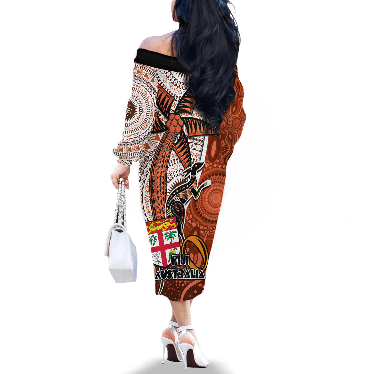 fiji-australia-rugby-off-the-shoulder-long-sleeve-dress-kangaroo-and-palm-tree-orange-tapa-pattern-mix-aboriginal