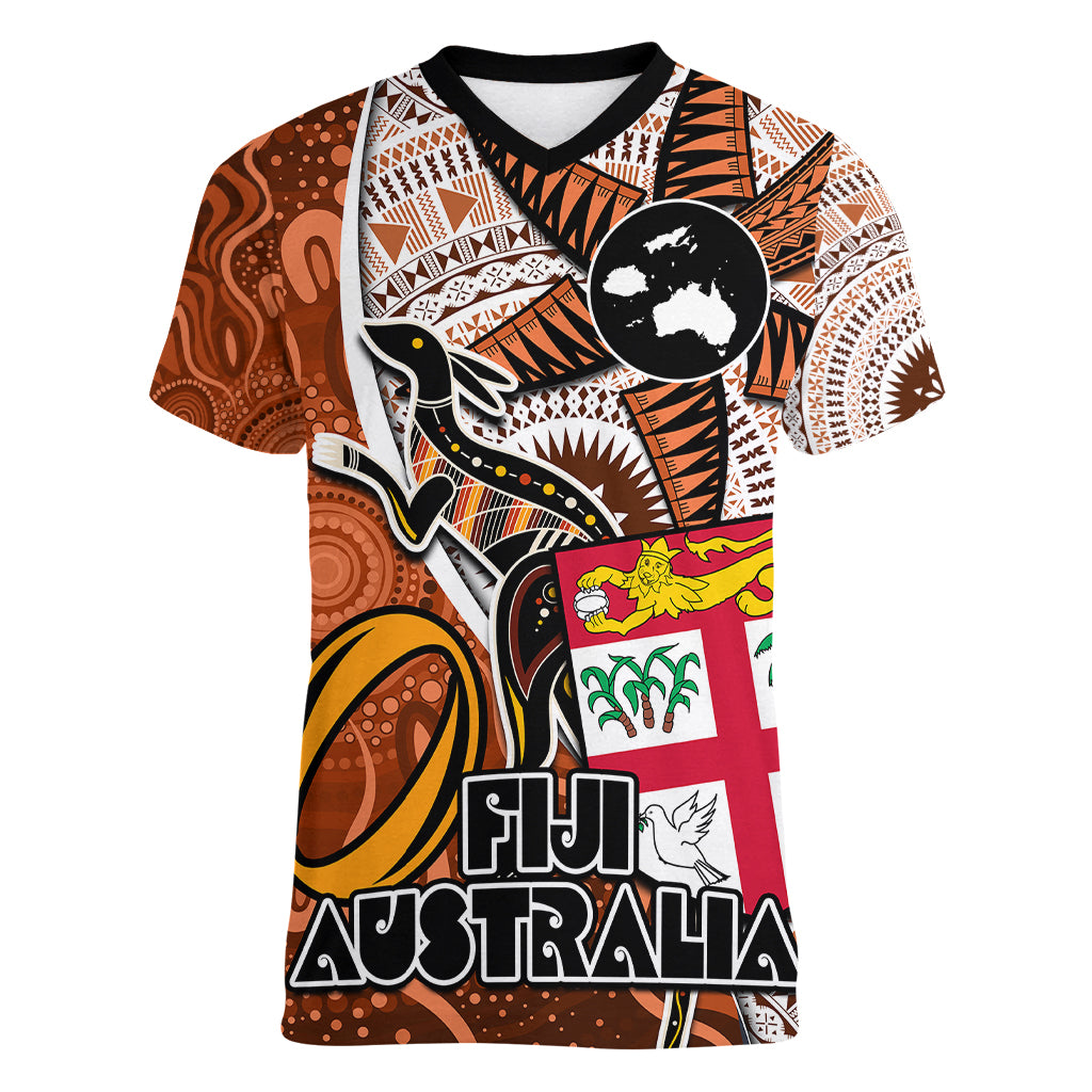 fiji-australia-rugby-women-v-neck-t-shirt-kangaroo-and-palm-tree-orange-tapa-pattern-mix-aboriginal