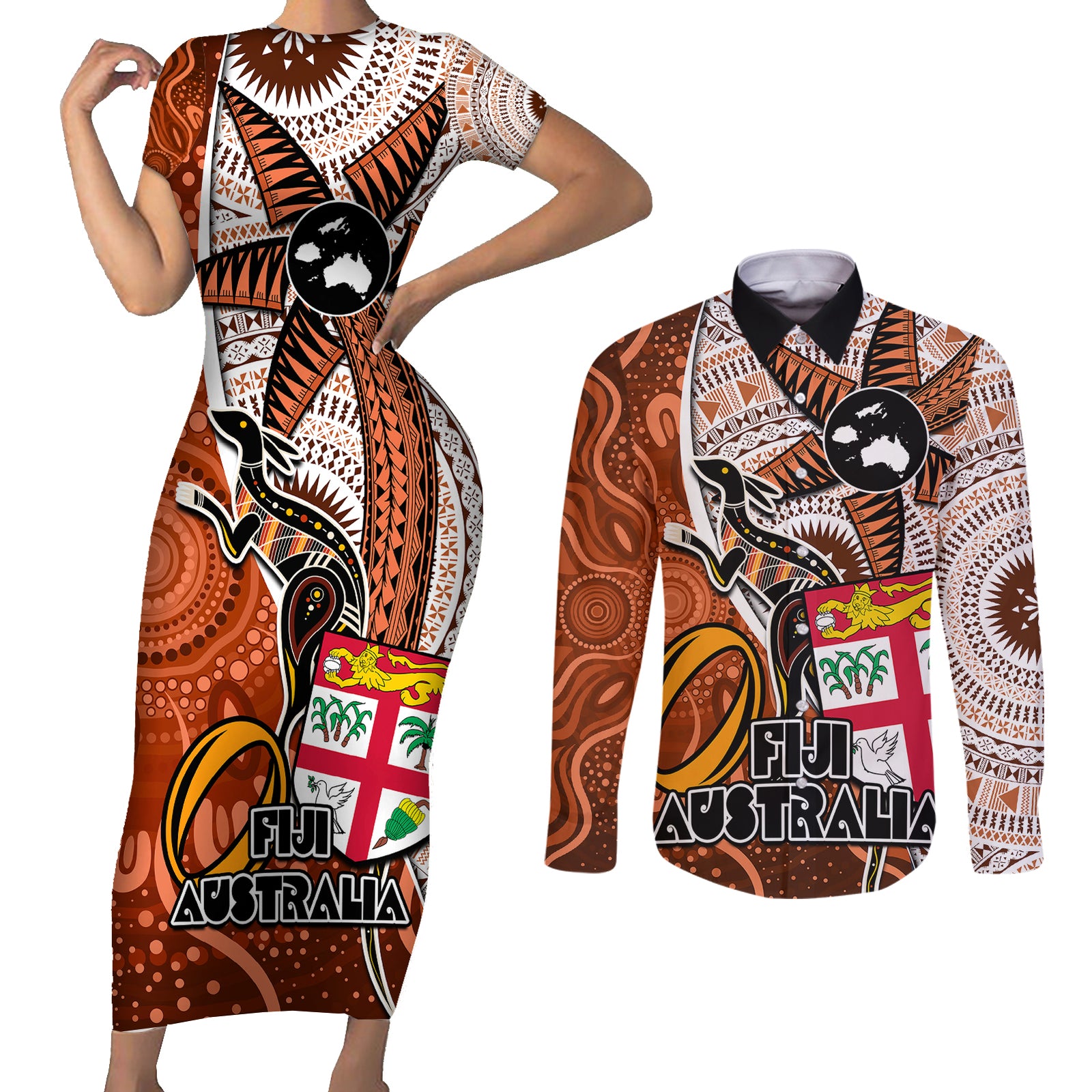 personalised-fiji-australia-rugby-couples-matching-short-sleeve-bodycon-dress-and-long-sleeve-button-shirts-kangaroo-and-palm-tree-orange-tapa-pattern-mix-aboriginal