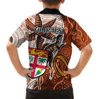 Personalised Fiji Australia Rugby Family Matching Long Sleeve Bodycon Dress and Hawaiian Shirt Kangaroo and Palm Tree Orange Tapa Pattern Mix Aboriginal LT03 - Polynesian Pride