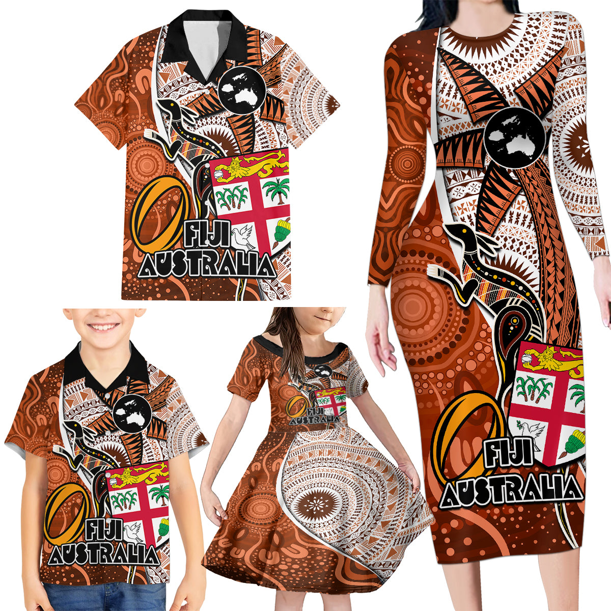 Personalised Fiji Australia Rugby Family Matching Long Sleeve Bodycon Dress and Hawaiian Shirt Kangaroo and Palm Tree Orange Tapa Pattern Mix Aboriginal LT03 - Polynesian Pride