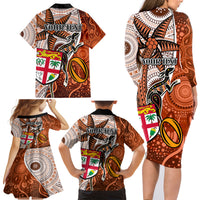 Personalised Fiji Australia Rugby Family Matching Long Sleeve Bodycon Dress and Hawaiian Shirt Kangaroo and Palm Tree Orange Tapa Pattern Mix Aboriginal LT03 - Polynesian Pride