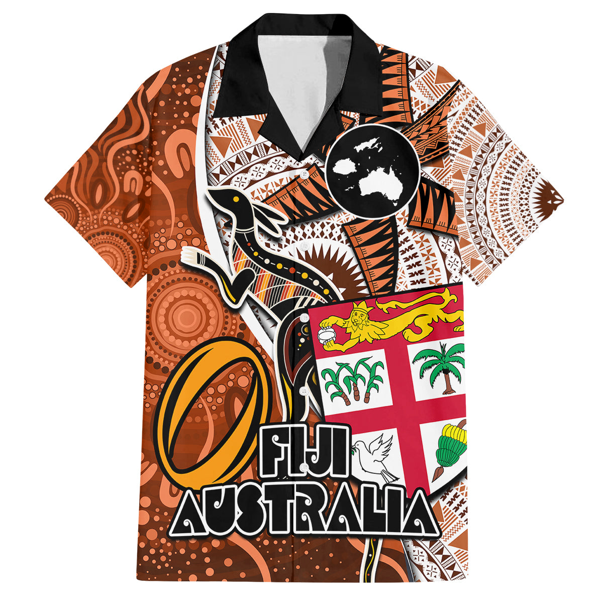 Personalised Fiji Australia Rugby Family Matching Long Sleeve Bodycon Dress and Hawaiian Shirt Kangaroo and Palm Tree Orange Tapa Pattern Mix Aboriginal LT03 Dad's Shirt - Short Sleeve Orange - Polynesian Pride