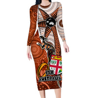 Personalised Fiji Australia Rugby Family Matching Long Sleeve Bodycon Dress and Hawaiian Shirt Kangaroo and Palm Tree Orange Tapa Pattern Mix Aboriginal LT03 Mom's Dress Orange - Polynesian Pride