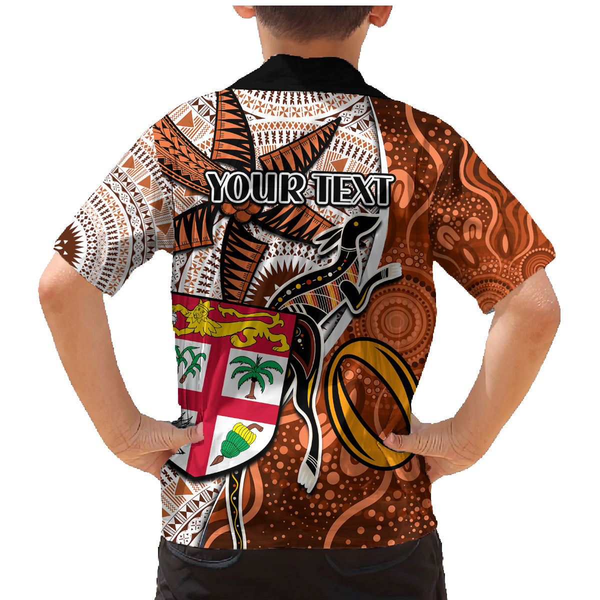 Personalised Fiji Australia Rugby Family Matching Mermaid Dress and Hawaiian Shirt Kangaroo and Palm Tree Orange Tapa Pattern Mix Aboriginal LT03 - Polynesian Pride