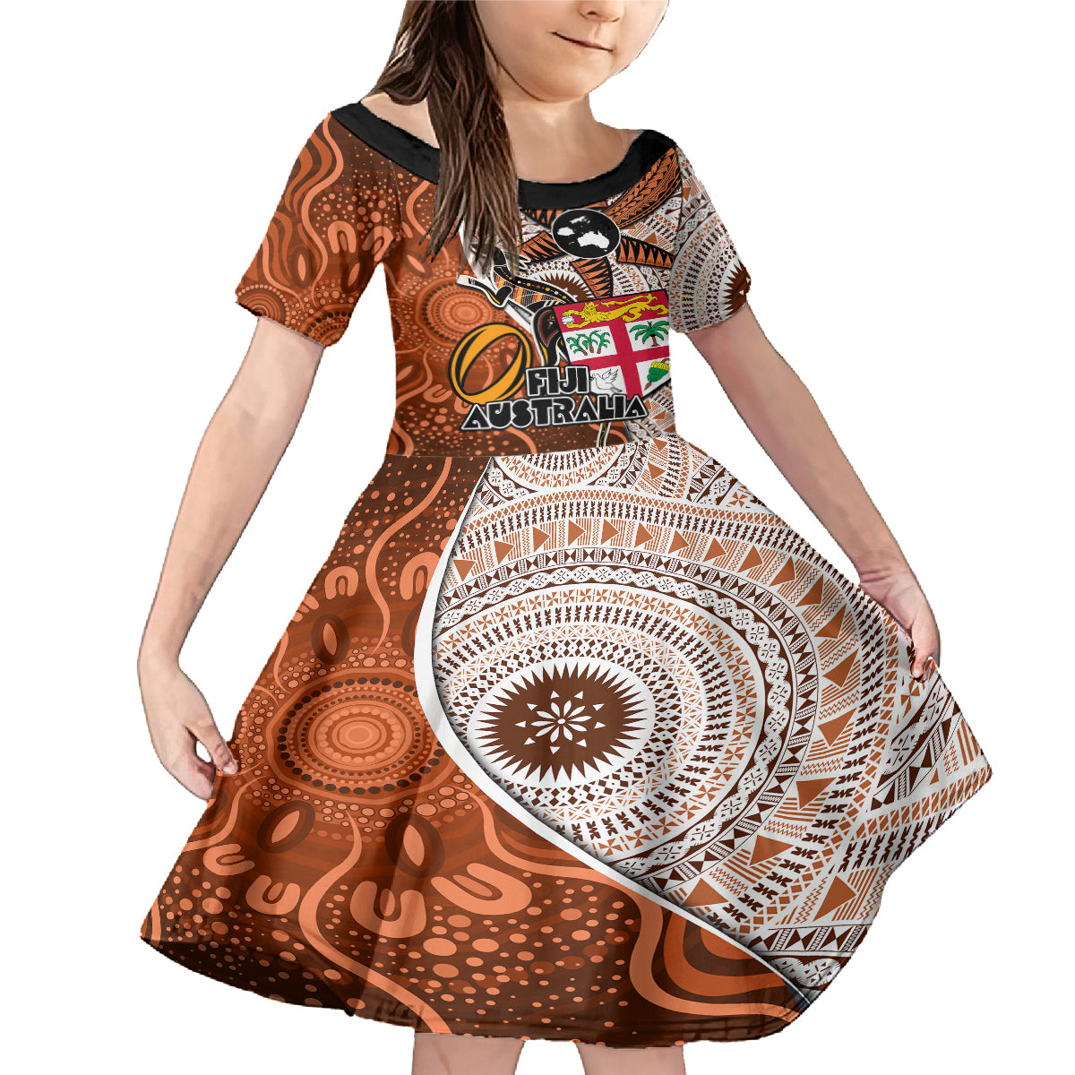 Personalised Fiji Australia Rugby Family Matching Mermaid Dress and Hawaiian Shirt Kangaroo and Palm Tree Orange Tapa Pattern Mix Aboriginal LT03 Daughter's Dress Orange - Polynesian Pride