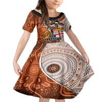 Personalised Fiji Australia Rugby Family Matching Mermaid Dress and Hawaiian Shirt Kangaroo and Palm Tree Orange Tapa Pattern Mix Aboriginal LT03 Daughter's Dress Orange - Polynesian Pride