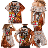 Personalised Fiji Australia Rugby Family Matching Mermaid Dress and Hawaiian Shirt Kangaroo and Palm Tree Orange Tapa Pattern Mix Aboriginal LT03 - Polynesian Pride
