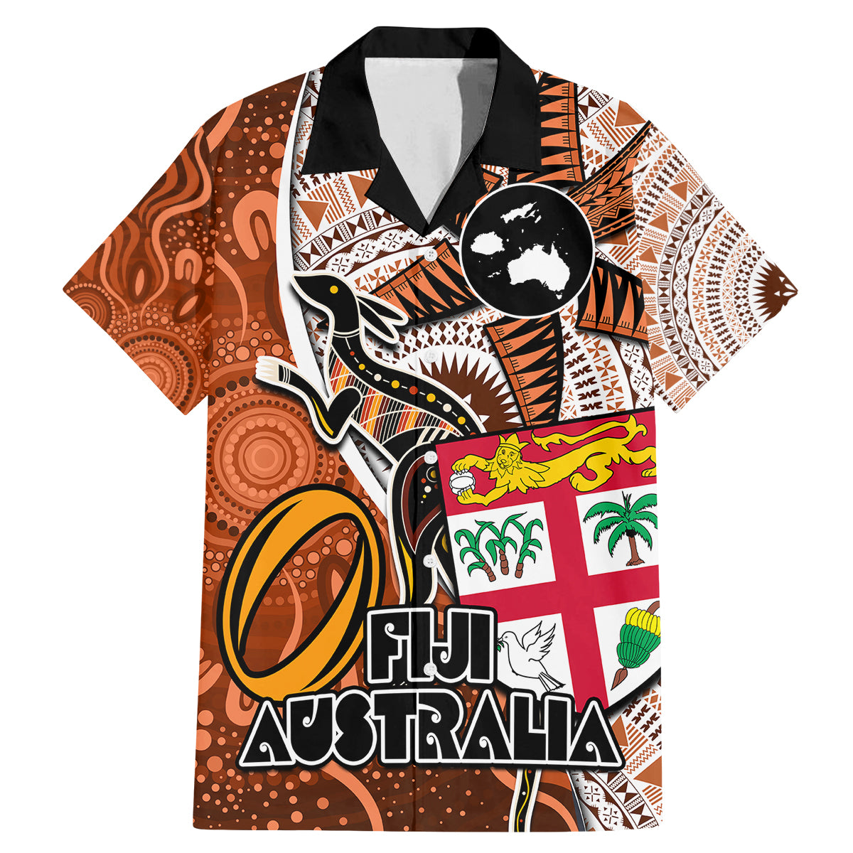 Personalised Fiji Australia Rugby Family Matching Mermaid Dress and Hawaiian Shirt Kangaroo and Palm Tree Orange Tapa Pattern Mix Aboriginal LT03 Dad's Shirt - Short Sleeve Orange - Polynesian Pride