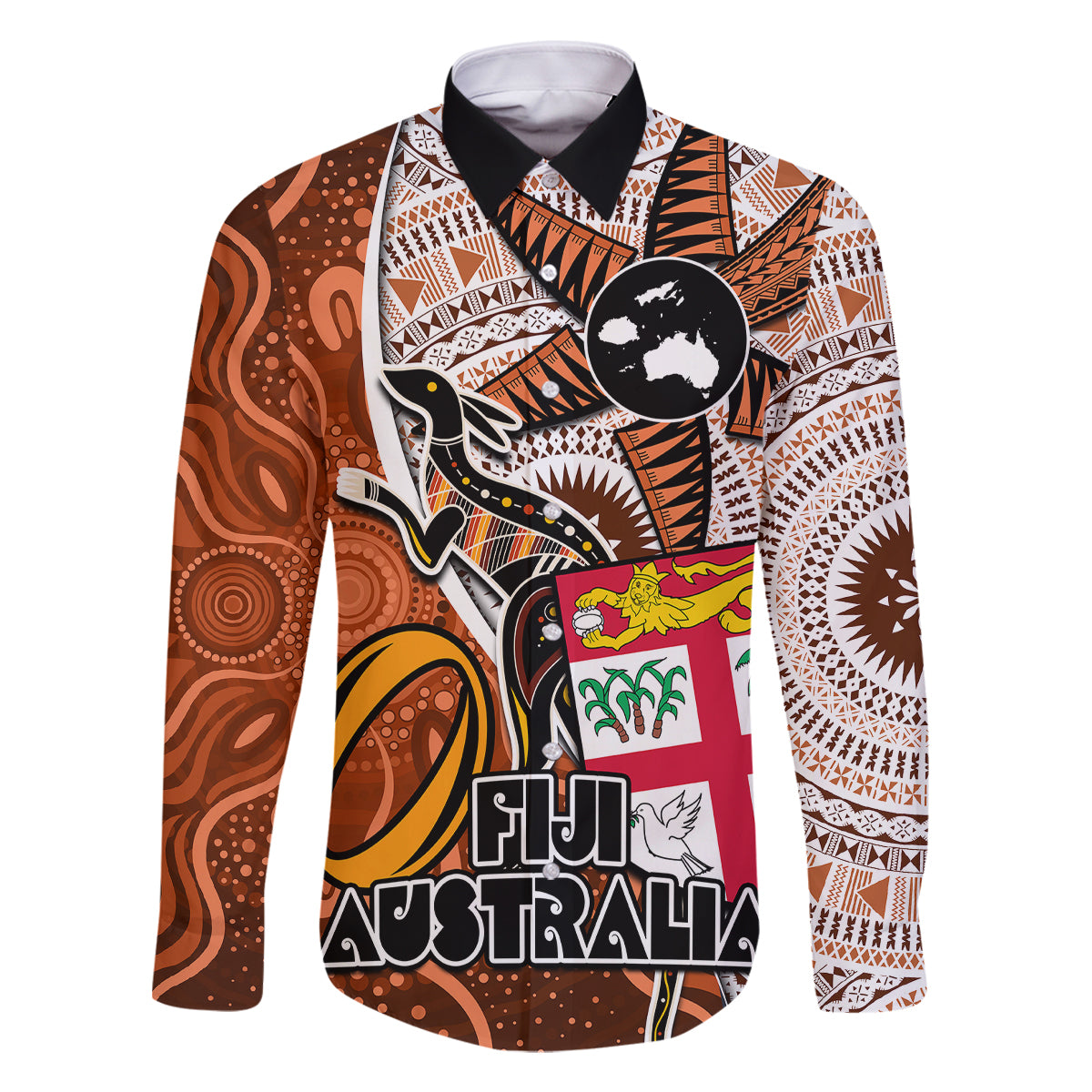 Personalised Fiji Australia Rugby Family Matching Off Shoulder Long Sleeve Dress and Hawaiian Shirt Kangaroo and Palm Tree Orange Tapa Pattern Mix Aboriginal LT03 Dad's Shirt - Long Sleeve Orange - Polynesian Pride