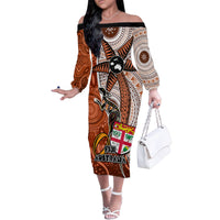 Personalised Fiji Australia Rugby Family Matching Off Shoulder Long Sleeve Dress and Hawaiian Shirt Kangaroo and Palm Tree Orange Tapa Pattern Mix Aboriginal LT03 Mom's Dress Orange - Polynesian Pride
