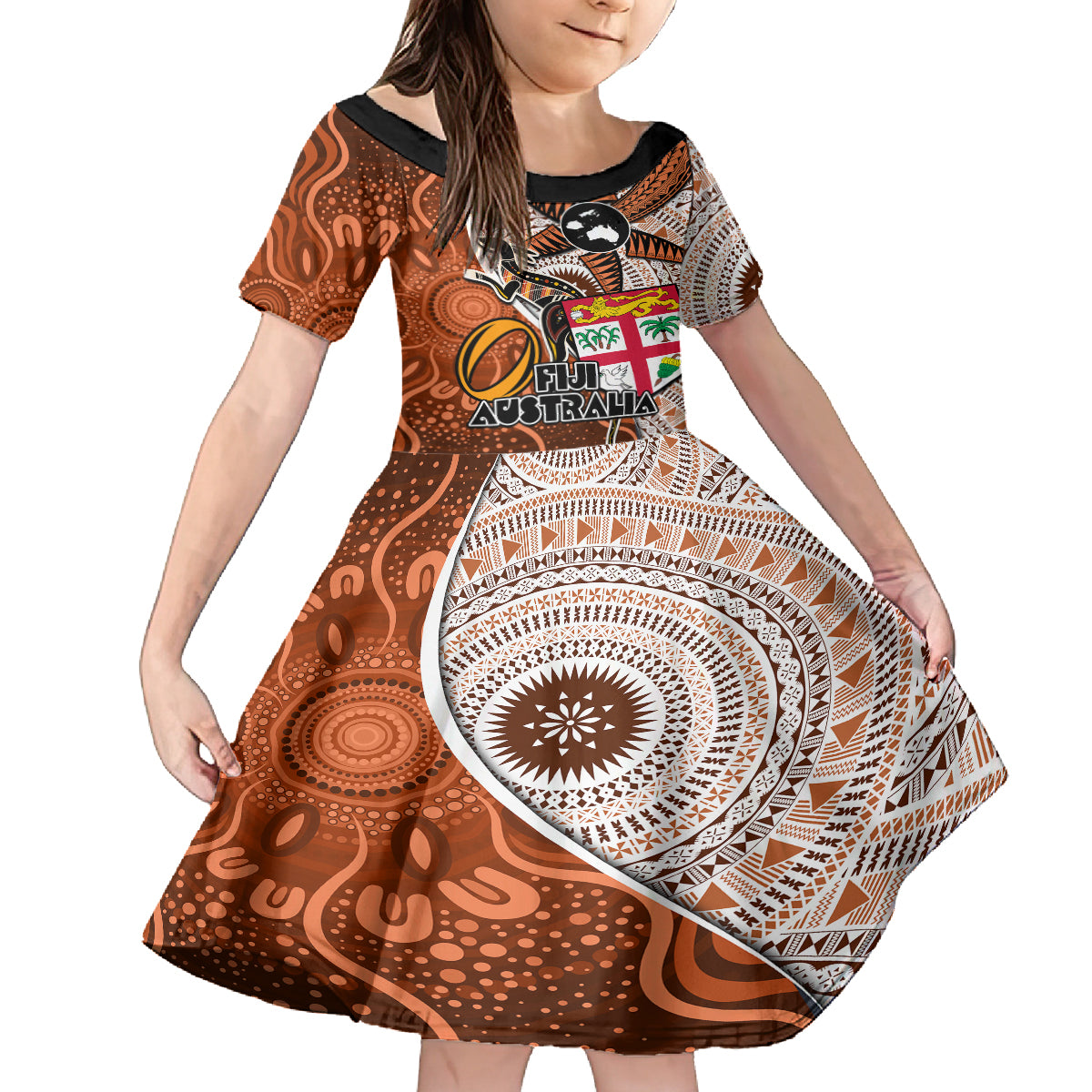 Personalised Fiji Australia Rugby Family Matching Off Shoulder Maxi Dress and Hawaiian Shirt Kangaroo and Palm Tree Orange Tapa Pattern Mix Aboriginal LT03 Daughter's Dress Orange - Polynesian Pride