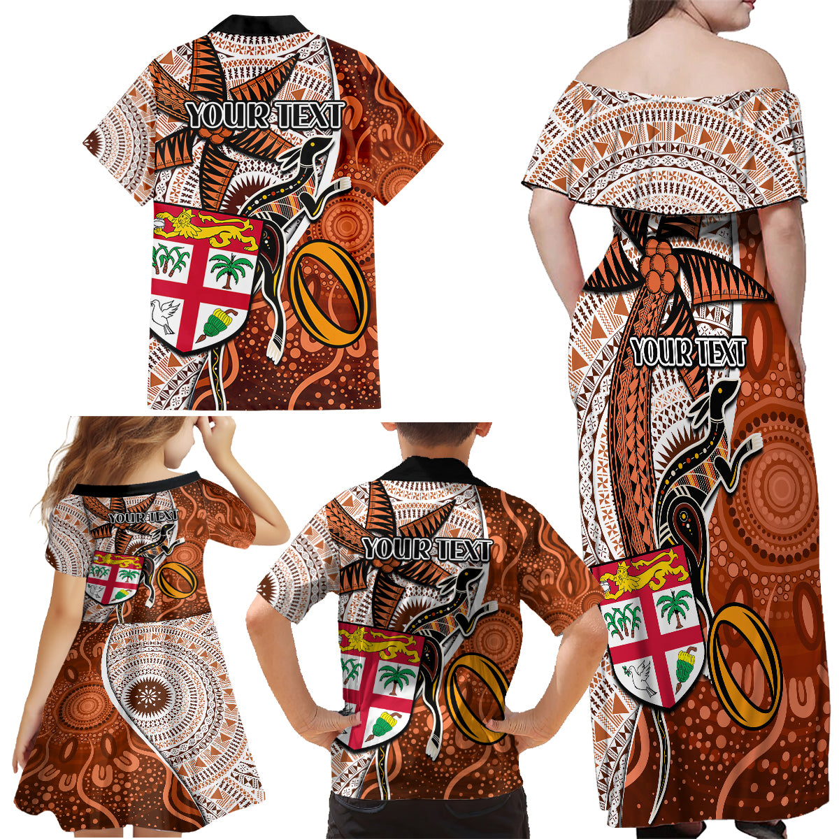 Personalised Fiji Australia Rugby Family Matching Off Shoulder Maxi Dress and Hawaiian Shirt Kangaroo and Palm Tree Orange Tapa Pattern Mix Aboriginal LT03 - Polynesian Pride