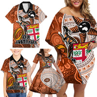 Personalised Fiji Australia Rugby Family Matching Off Shoulder Short Dress and Hawaiian Shirt Kangaroo and Palm Tree Orange Tapa Pattern Mix Aboriginal LT03 - Polynesian Pride