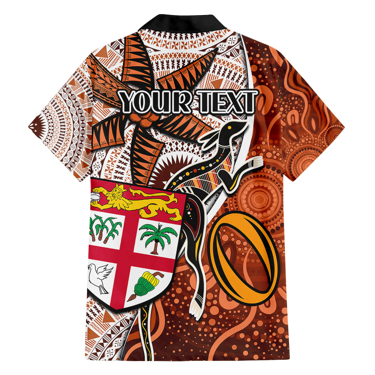 Personalised Fiji Australia Rugby Family Matching Off Shoulder Short Dress and Hawaiian Shirt Kangaroo and Palm Tree Orange Tapa Pattern Mix Aboriginal LT03 - Polynesian Pride