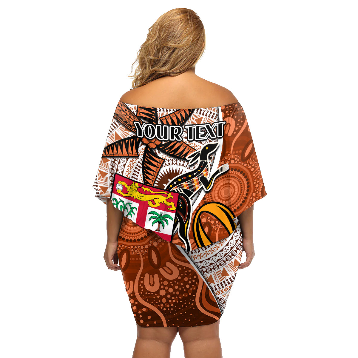 Personalised Fiji Australia Rugby Family Matching Off Shoulder Short Dress and Hawaiian Shirt Kangaroo and Palm Tree Orange Tapa Pattern Mix Aboriginal LT03 - Polynesian Pride