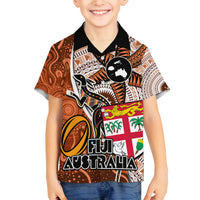 Personalised Fiji Australia Rugby Family Matching Off Shoulder Short Dress and Hawaiian Shirt Kangaroo and Palm Tree Orange Tapa Pattern Mix Aboriginal LT03 Son's Shirt Orange - Polynesian Pride