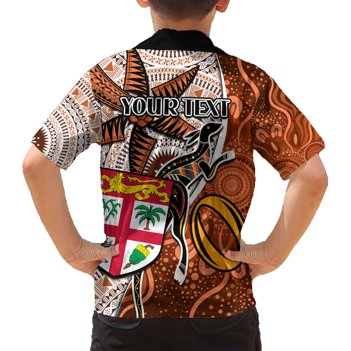 Personalised Fiji Australia Rugby Family Matching Short Sleeve Bodycon Dress and Hawaiian Shirt Kangaroo and Palm Tree Orange Tapa Pattern Mix Aboriginal LT03 - Polynesian Pride