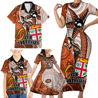 Personalised Fiji Australia Rugby Family Matching Short Sleeve Bodycon Dress and Hawaiian Shirt Kangaroo and Palm Tree Orange Tapa Pattern Mix Aboriginal LT03 - Polynesian Pride