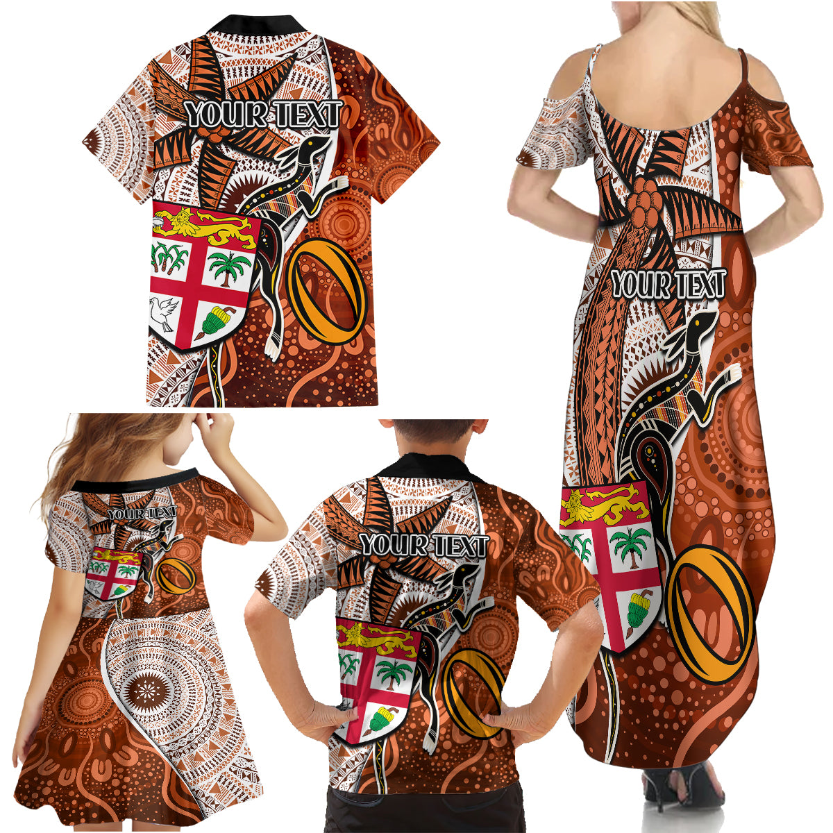 Personalised Fiji Australia Rugby Family Matching Summer Maxi Dress and Hawaiian Shirt Kangaroo and Palm Tree Orange Tapa Pattern Mix Aboriginal LT03 - Polynesian Pride