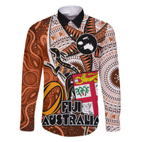 Personalised Fiji Australia Rugby Family Matching Summer Maxi Dress and Hawaiian Shirt Kangaroo and Palm Tree Orange Tapa Pattern Mix Aboriginal LT03 Dad's Shirt - Long Sleeve Orange - Polynesian Pride