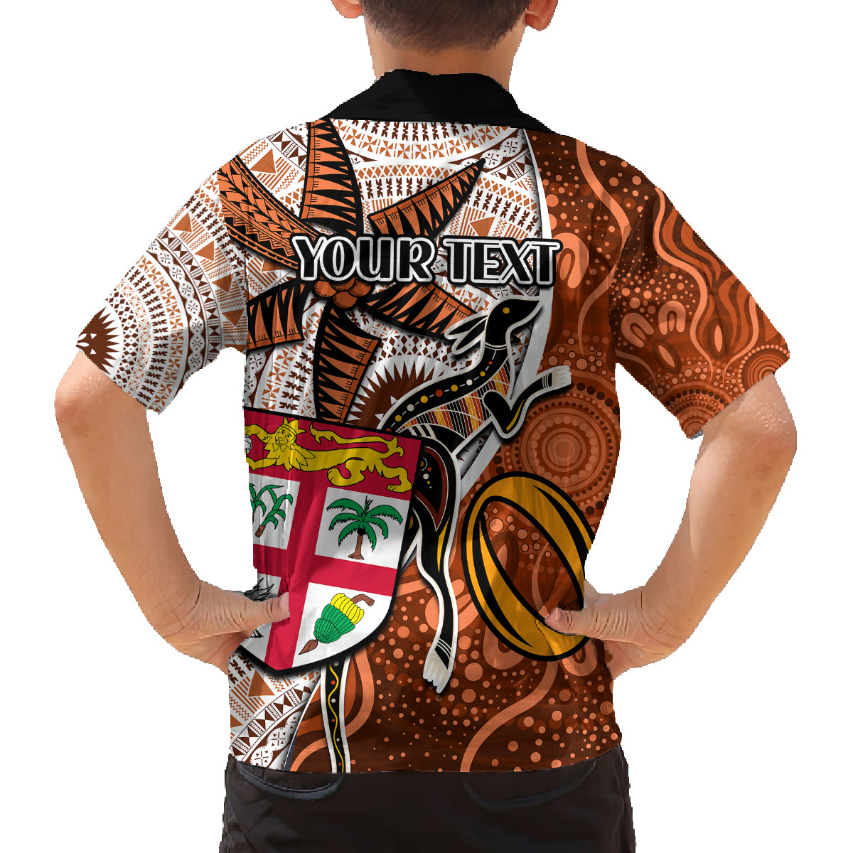 Personalised Fiji Australia Rugby Family Matching Tank Maxi Dress and Hawaiian Shirt Kangaroo and Palm Tree Orange Tapa Pattern Mix Aboriginal LT03 - Polynesian Pride