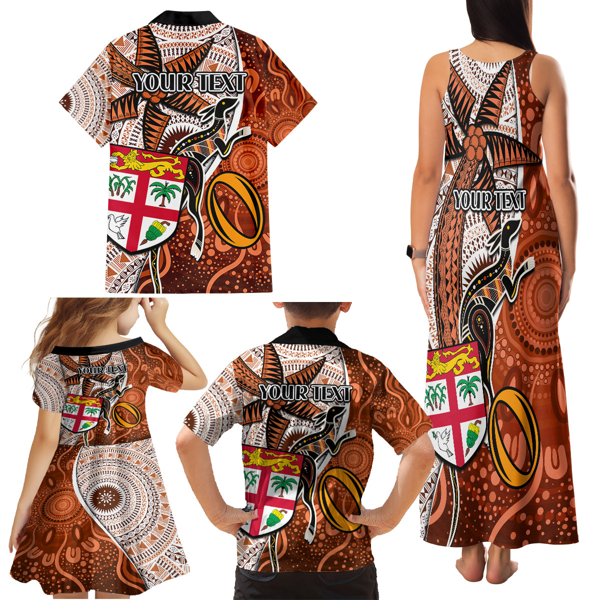Personalised Fiji Australia Rugby Family Matching Tank Maxi Dress and Hawaiian Shirt Kangaroo and Palm Tree Orange Tapa Pattern Mix Aboriginal LT03 - Polynesian Pride