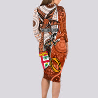 personalised-fiji-australia-rugby-long-sleeve-bodycon-dress-kangaroo-and-palm-tree-orange-tapa-pattern-mix-aboriginal
