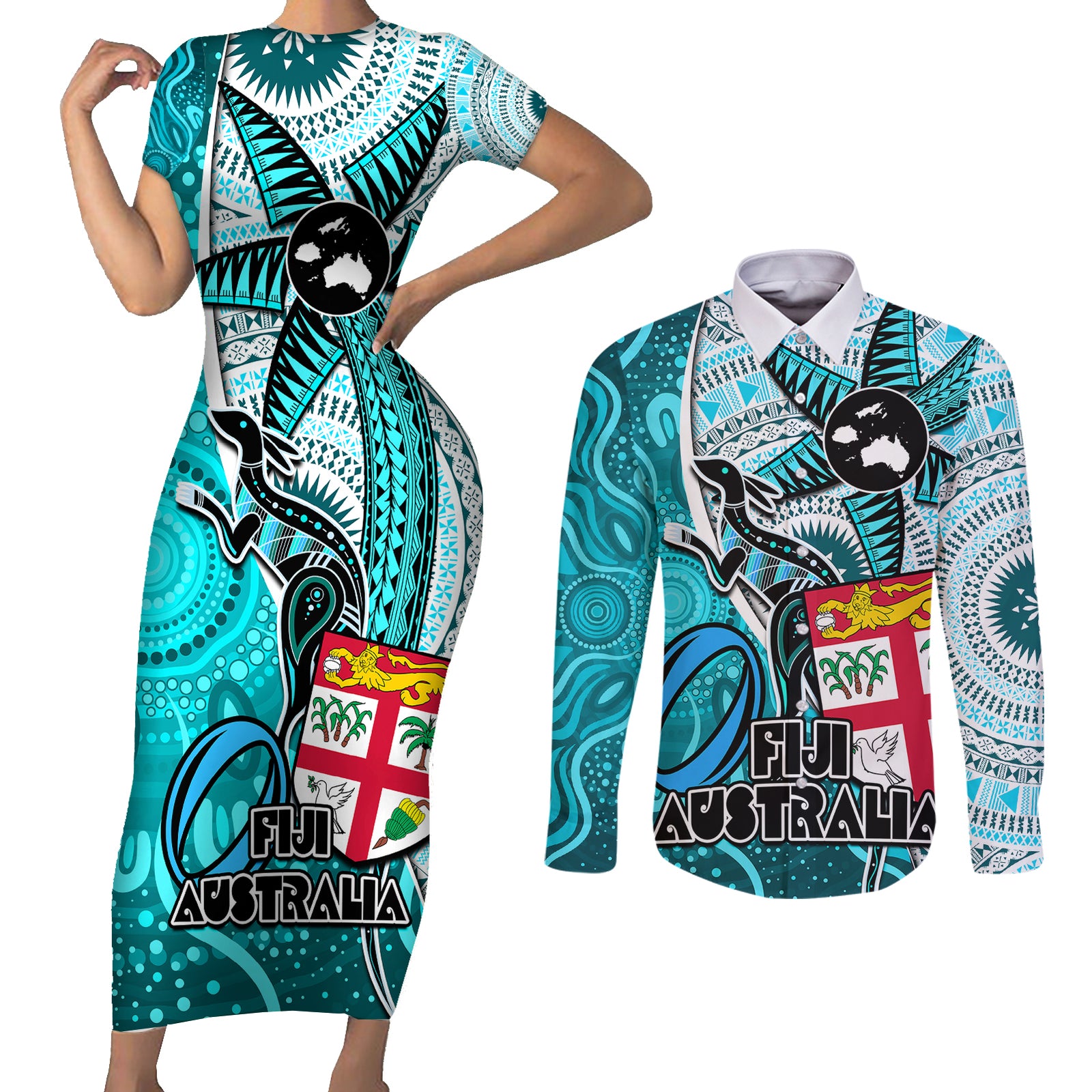 fiji-australia-rugby-couples-matching-short-sleeve-bodycon-dress-and-long-sleeve-button-shirts-kangaroo-and-palm-tree-blue-tapa-pattern-mix-aboriginal