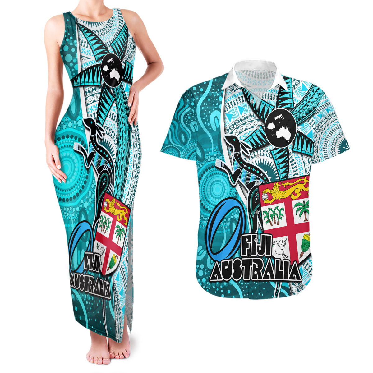 fiji-australia-rugby-couples-matching-tank-maxi-dress-and-hawaiian-shirt-kangaroo-and-palm-tree-blue-tapa-pattern-mix-aboriginal