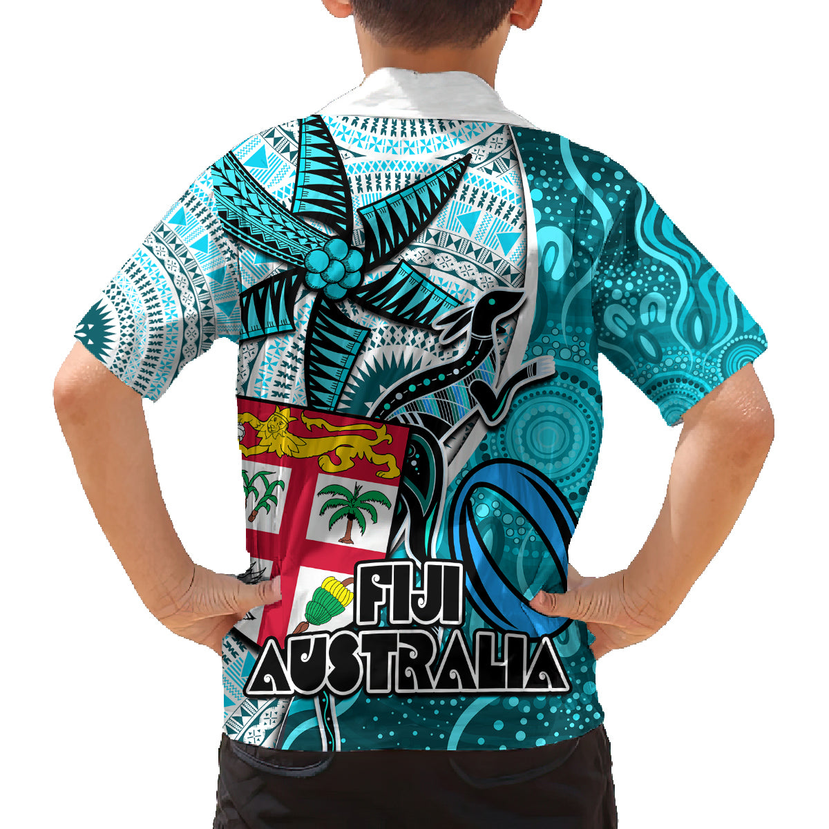 fiji-australia-rugby-family-matching-off-shoulder-maxi-dress-and-hawaiian-shirt-kangaroo-and-palm-tree-blue-tapa-pattern-mix-aboriginal