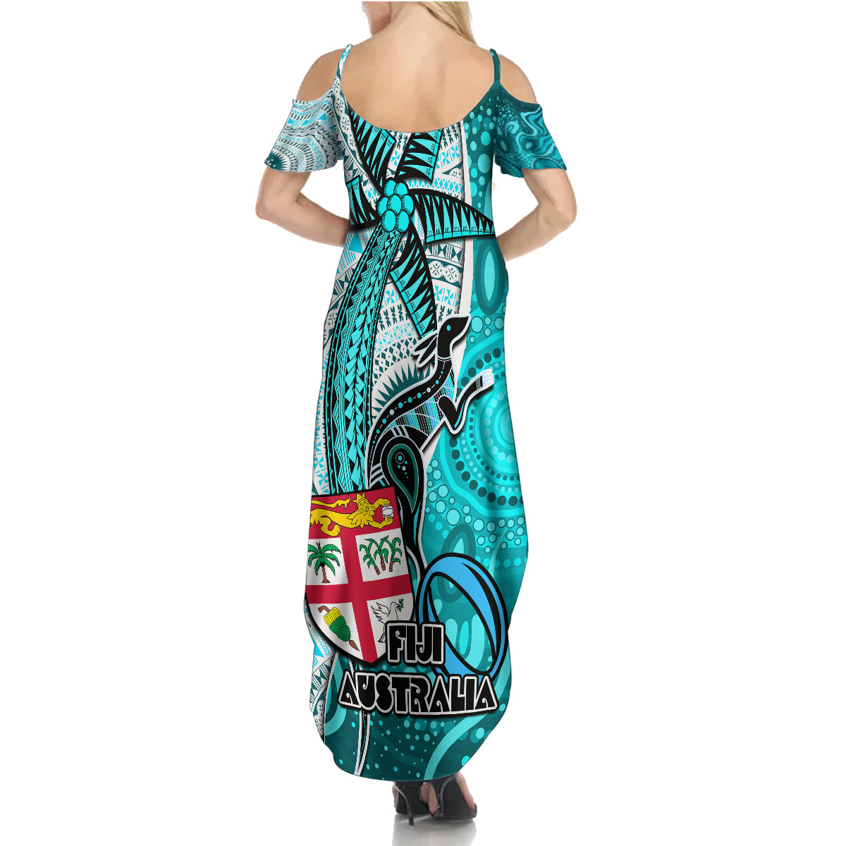 fiji-australia-rugby-family-matching-summer-maxi-dress-and-hawaiian-shirt-kangaroo-and-palm-tree-blue-tapa-pattern-mix-aboriginal