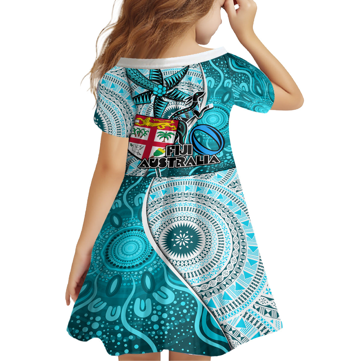 fiji-australia-rugby-kid-short-sleeve-dress-kangaroo-and-palm-tree-blue-tapa-pattern-mix-aboriginal