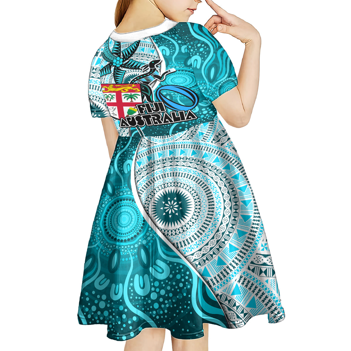 fiji-australia-rugby-kid-short-sleeve-dress-kangaroo-and-palm-tree-blue-tapa-pattern-mix-aboriginal