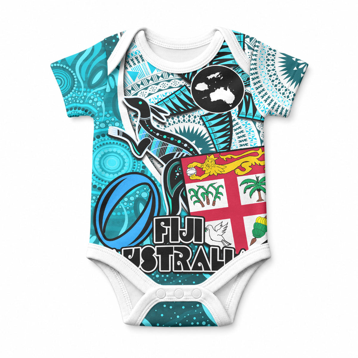 Personalised Fiji Australia Rugby Baby Onesie Kangaroo and Palm Tree red Tapa Pattern Mix Aboriginal LT03 Red - Polynesian Pride